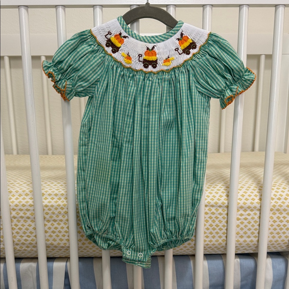 Green Gingham Bubble with Pumpkin Smocking